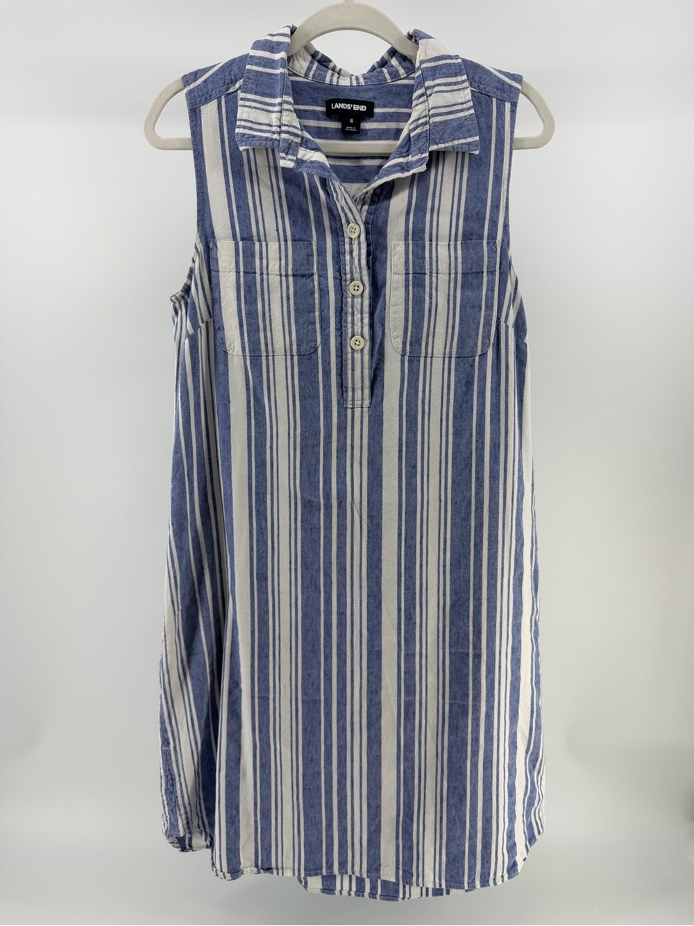 Lands' End Linen Blend Blue & White Striped Sleeveless Dress, Women's 8